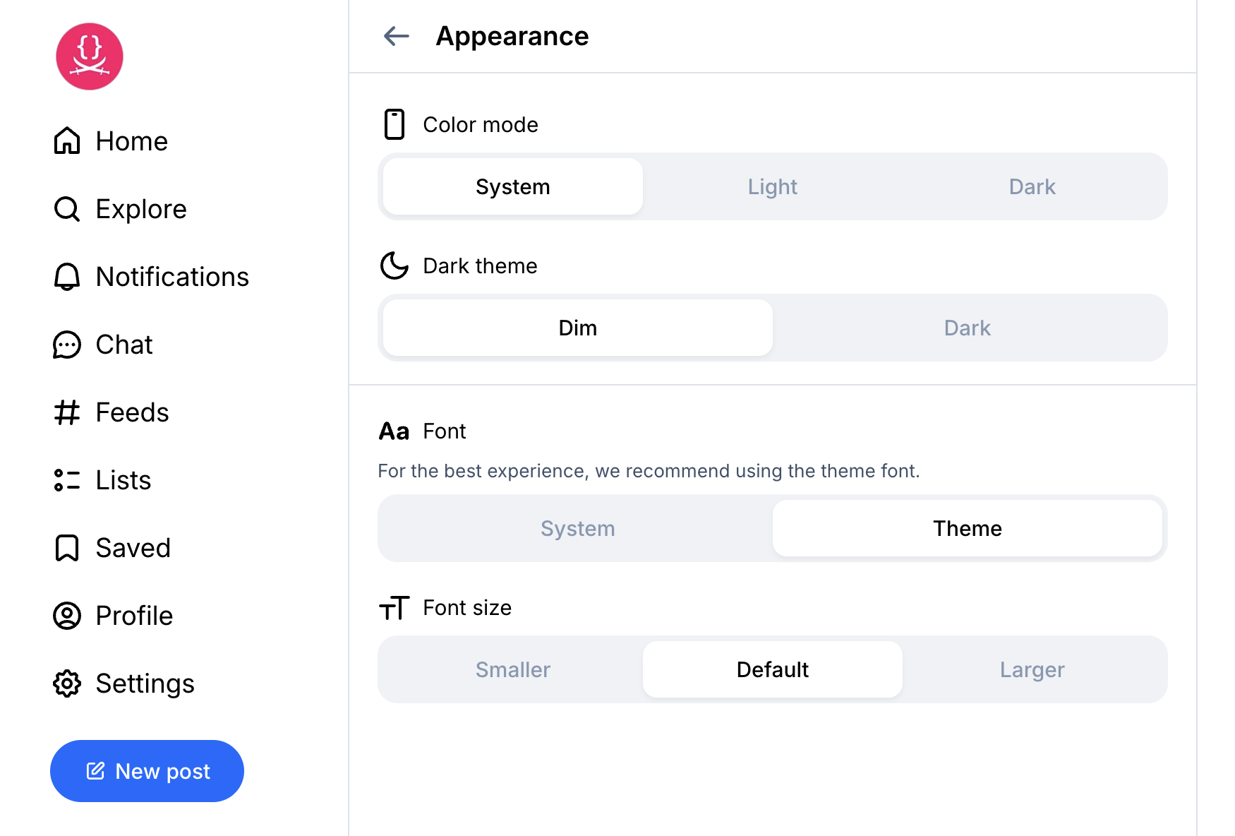 Bluesky settings panel
